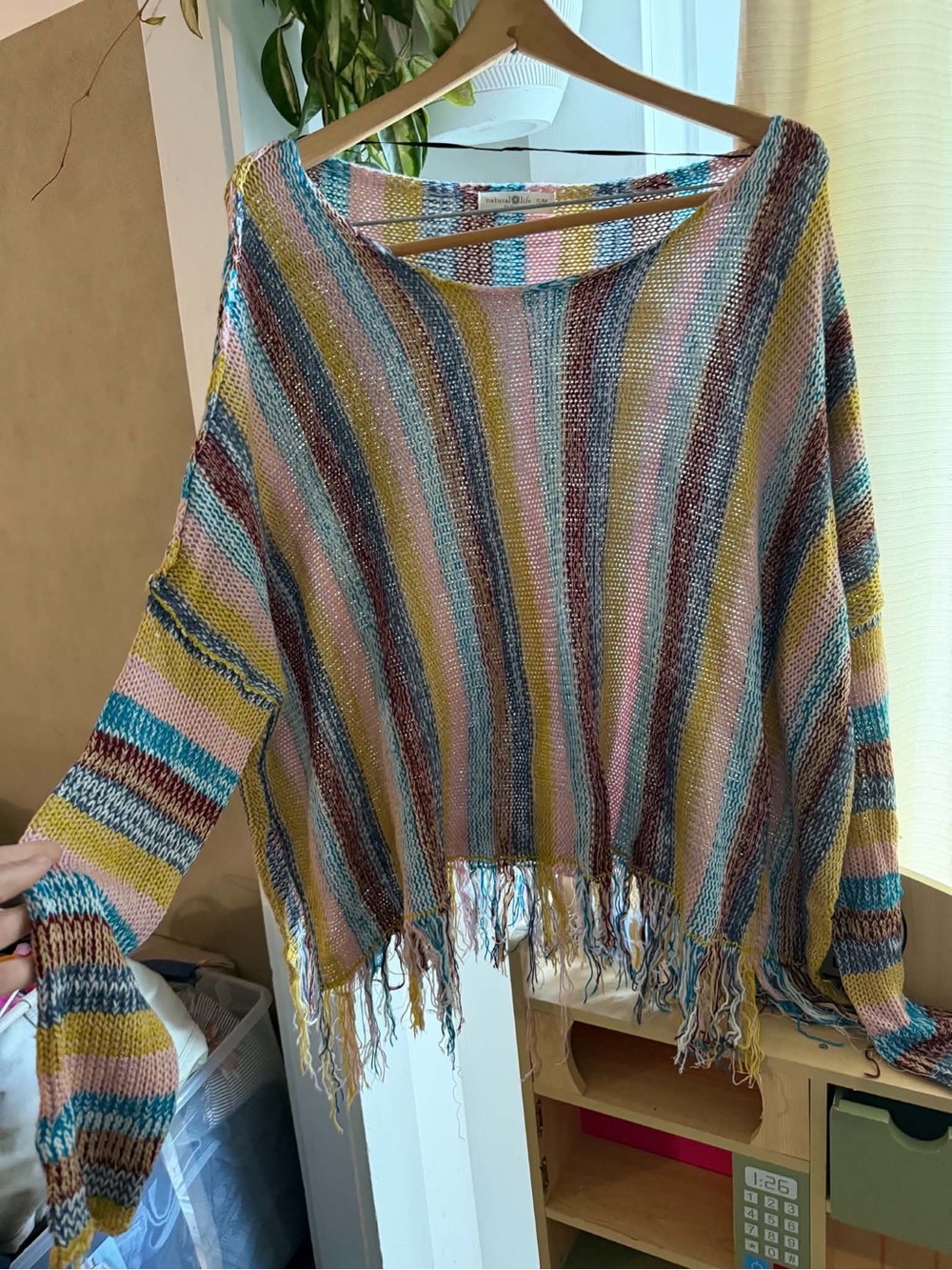 Natural Life Striped Fringe Knit Poncho Sweater - Women